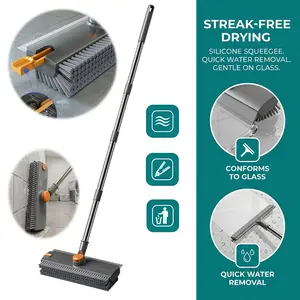 3 in 1 Stiff Bristle Floor Scrubber Brush with Long Handle Stiff Bristle Shower Scrubber with Squeegee and Tweezer for Cleaning Bathroom Patio Garage Kitchen