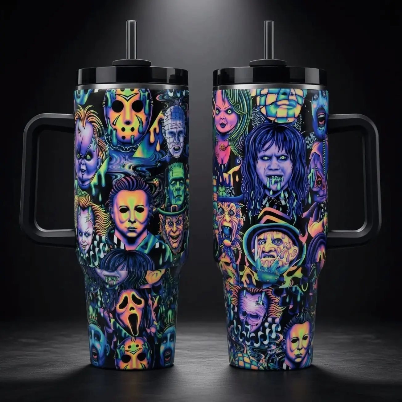 Blacklight 40oz cup, Horror character, Neon Horror, UV Reactive Tumbler, Mothers Day Gift, Horror 40oz cup, Gift for Him, Glow In Dark 40oz