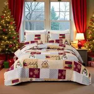 3 Pcs Christmas Bedding Plaid Quilt Set Full/Queen Size Xmas Bedspread Snowman Snowflake Santa Claus Reindeer Truck Cabin Patchwork Bed Cover New Year Cove