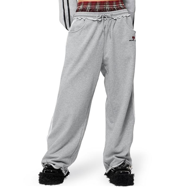 New fashion trends Double Waist Plaid Patchwork SweatPants Baggy Wide Leg Sweatpants for Women Loose Long Pants with Pockets