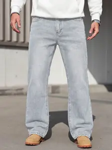 Men's Street Style Casual Denim Jeans, Loose Fit Straight Leg Jeans, Vintage Champagne Blue, Fashionable Daily Wear, Menswear