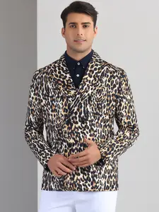 INSPIRE CHIC Leopard Printed Blazer Men's Festival Peak Lapel Double-Breasted Sport Coat Animal Print Suit Jacket