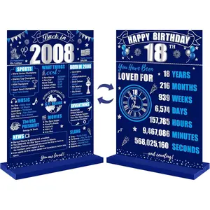 18th Birthday Decorations Back in 2008 Table Sign for Boys, Blue Silver 18 Birthday Two-Sided Wooden Table Poster with Stand Party Supplies, Blue eighteen Years Old Bday Display Holder Decor