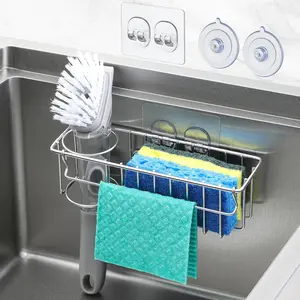 3-In-1 304 Stainless Steel Sponge Holder for Kitchen Sink with Suction Cups & Adhesive Hook, In-sink Wall Hanging Sink Caddy Organizer for Sponge Dish Cloth Brush Scrubber