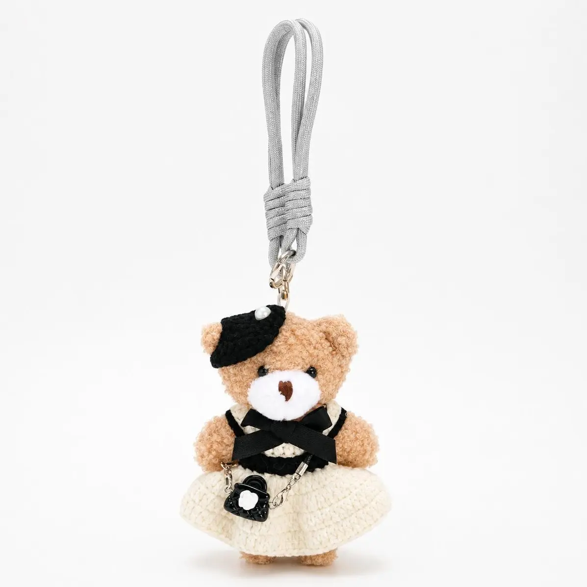 Teddy Huggy 5.9-Inch Black and Cream Beret Teddy Bear Plush Keychain in Knit Dress with Wristlet Strap, Bag Charm, Phone Charm and Fashion Accessory