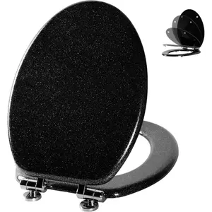 Glitter Toilet Seat Molded  Elongated Toilet Seat with Quietly Close and Quick Release Hinges, Easy to Install also Easy to Clean (Elongated 18.5'', Black)