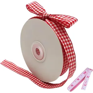 Red and White Gingham Ribbon, 5/8" x 25Yd Roll Picnic Craft Red Buffalo Ribbon for Crafts Hair Accessories and Christmas Gift Wrapping,5/8 Inch Polyester Woven Edge +60" Tape Measurement
