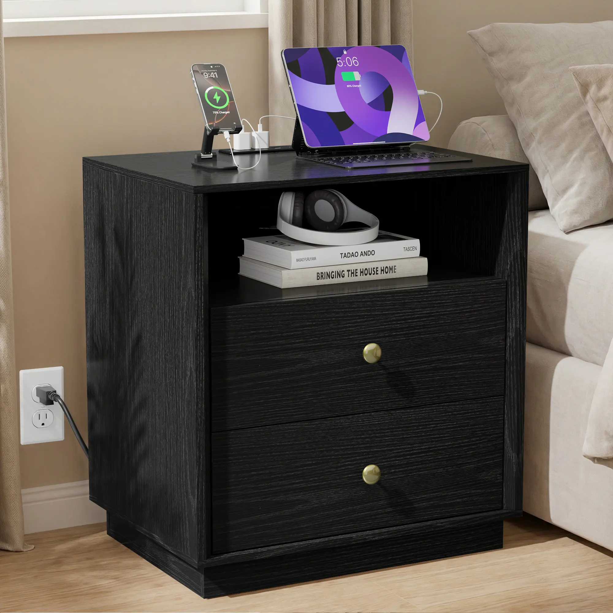 Black Nightstand with Charging Station, Large Bedside Table with 2 Storage Drawer and Open Wood Shelf, Night Stand for Bedroom, Side Table, End Table