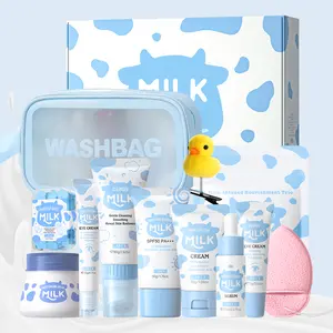Moisturizing Milk Skincare Set, 7pcs/14pcs/17pcs/set Including Facial Cleanser, Sun Cream, Scrub, Toner, Eye Cream, Face Moisturizer, Makeup Bag, Hair Clip, Face Mask, Headband, Gift, Skin Rejuvenating Set, Toiletries Kit, Body Care