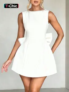 Elegant Women's Sleeveless Backless Dress, Bow Neck Pearl Decoration, Ruched Fitted Short Summer Dress, Casual Party Wear