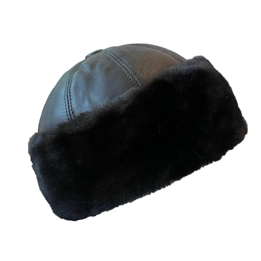 Unisex 100% Shearling Sheepskin Leather Winter Beanie - Handmade Turkish Docker Hat with Ear Flaps, Rolled Cuff, Retro Cognac Design, Multi-Size (XXL Available) for Daily Commute, Outdoor Wear, Forehead & Ears Protection