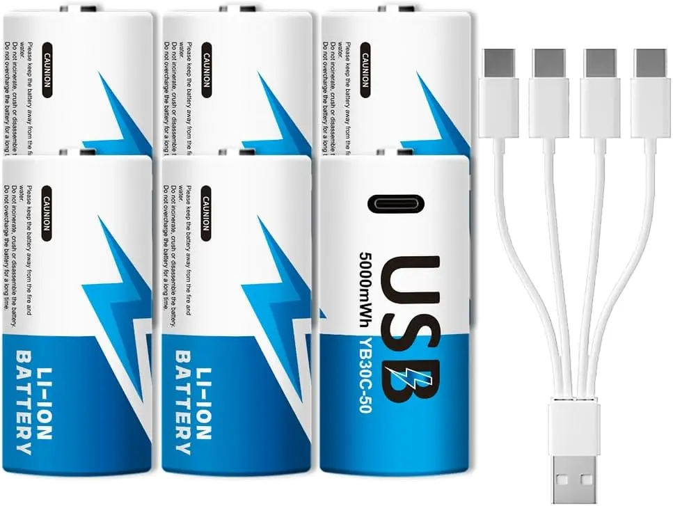 Rechargeable Lithium C Batteries with 2 in 1 USB-C Charge Cable, C Cell Li-ion Battries, LR14 1.5V C Size Cell Battery Replacement 5000mWh for Floodlights, Remote Controls, Radios, Clocks, Toys(6 Pcs)