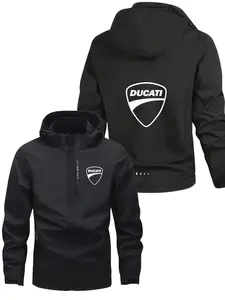 Men's Fashionable Ducati Logo Jacket, Casual Hooded Design, Zipper Pockets, Polyester Material, Spring & Fall Wear, Loose Fit