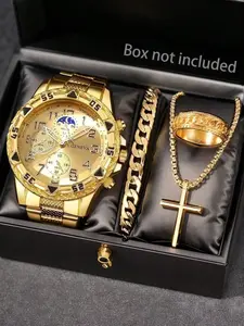 4PCS Men's Watch Set, Luxury Style Gold Men's Matching Accessories, Elegant Round Dial, Suitable For Daily Matching And Gifts, Trendy Quartz Wristwatch