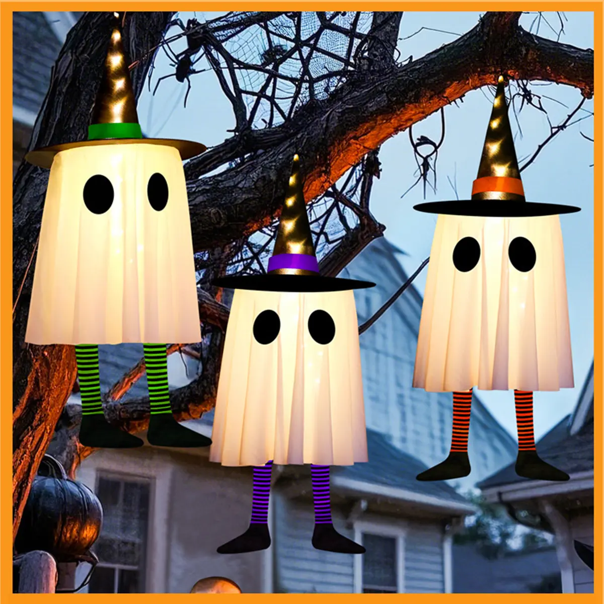 Set of 3 Light-Up Hanging Ghosts with Witch Hats, Battery Operated Glowing String Lights Halloween Decor, Outdoor Ornaments for Yard, Patio, Garden & Tree Hanging Display