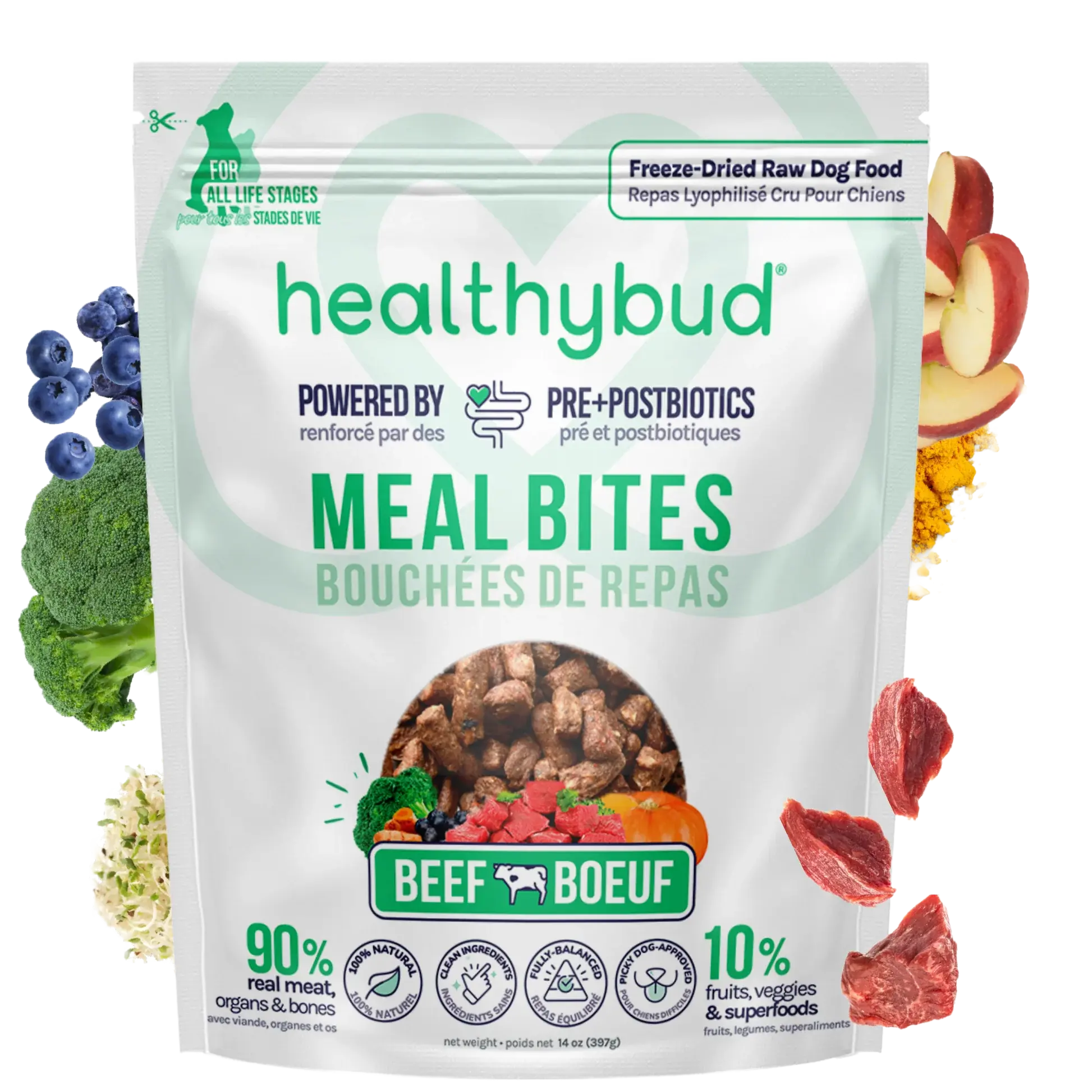 Healthybud Beef Meal Bites - Raw Nutrition, Advanced Gut Support Crunchy Dog Treats for Sensitive Stomach & Picky Dogs