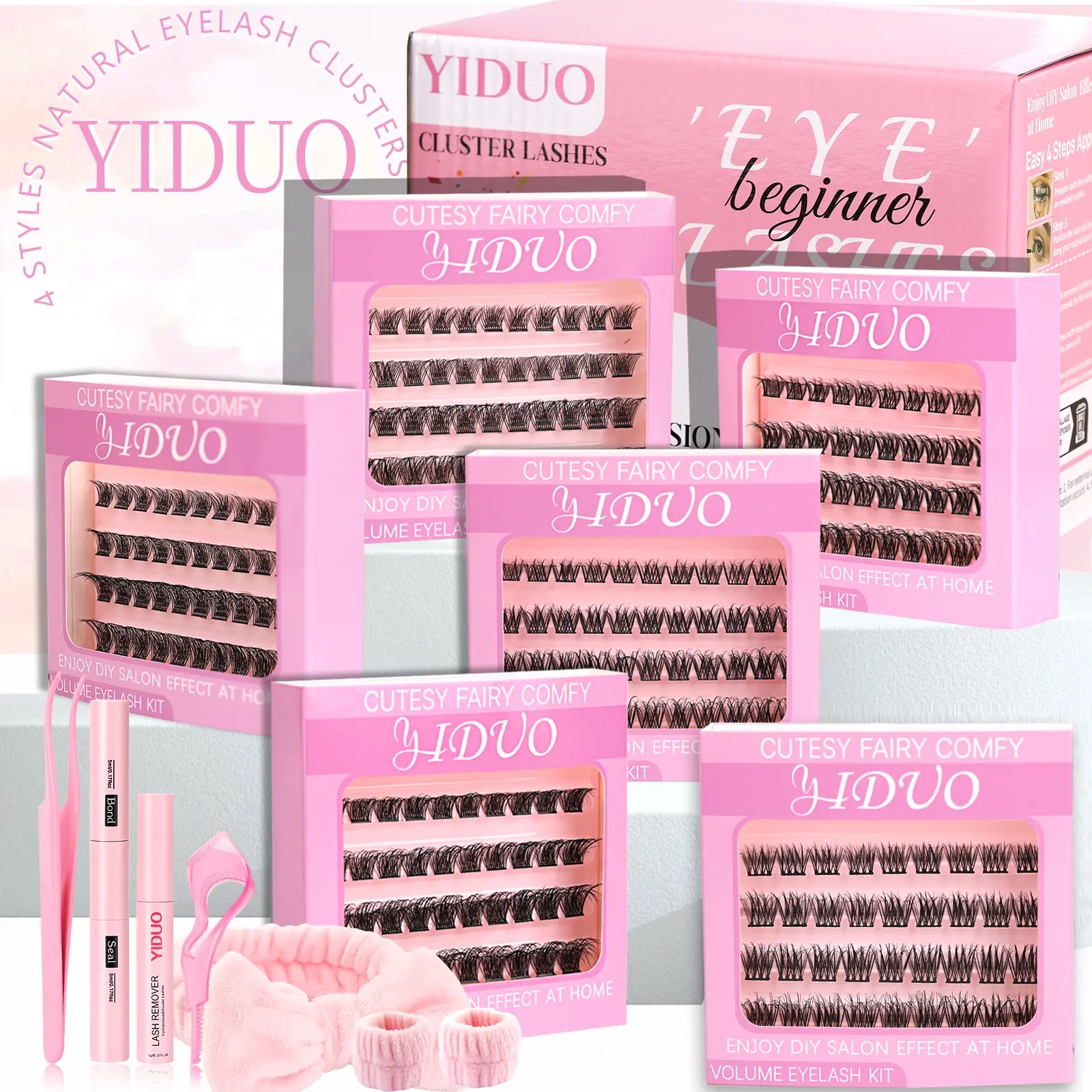 4 Styles Lash Clusters Kit, Cosmetic, Diy Cluster Lashes, Volume Eyelash Clusters Extensions with Lash Bond and Seal Remover for Beginners & Pros, DIY at Home Easy Apply Natural Look for Daily Makeup