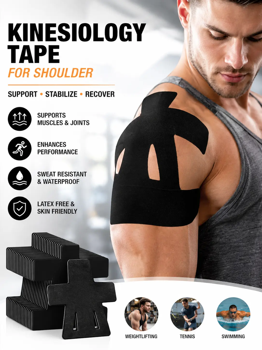 10 Pre-cut Kinesiology Tape Strips, relieves shoulder pain, waterproof and  sports tape for shoulder support. This elastic therapeutic sports tape is suitable for rotator cuff injuries, baseball, swimming and other sports. hypoallergenic  breathable