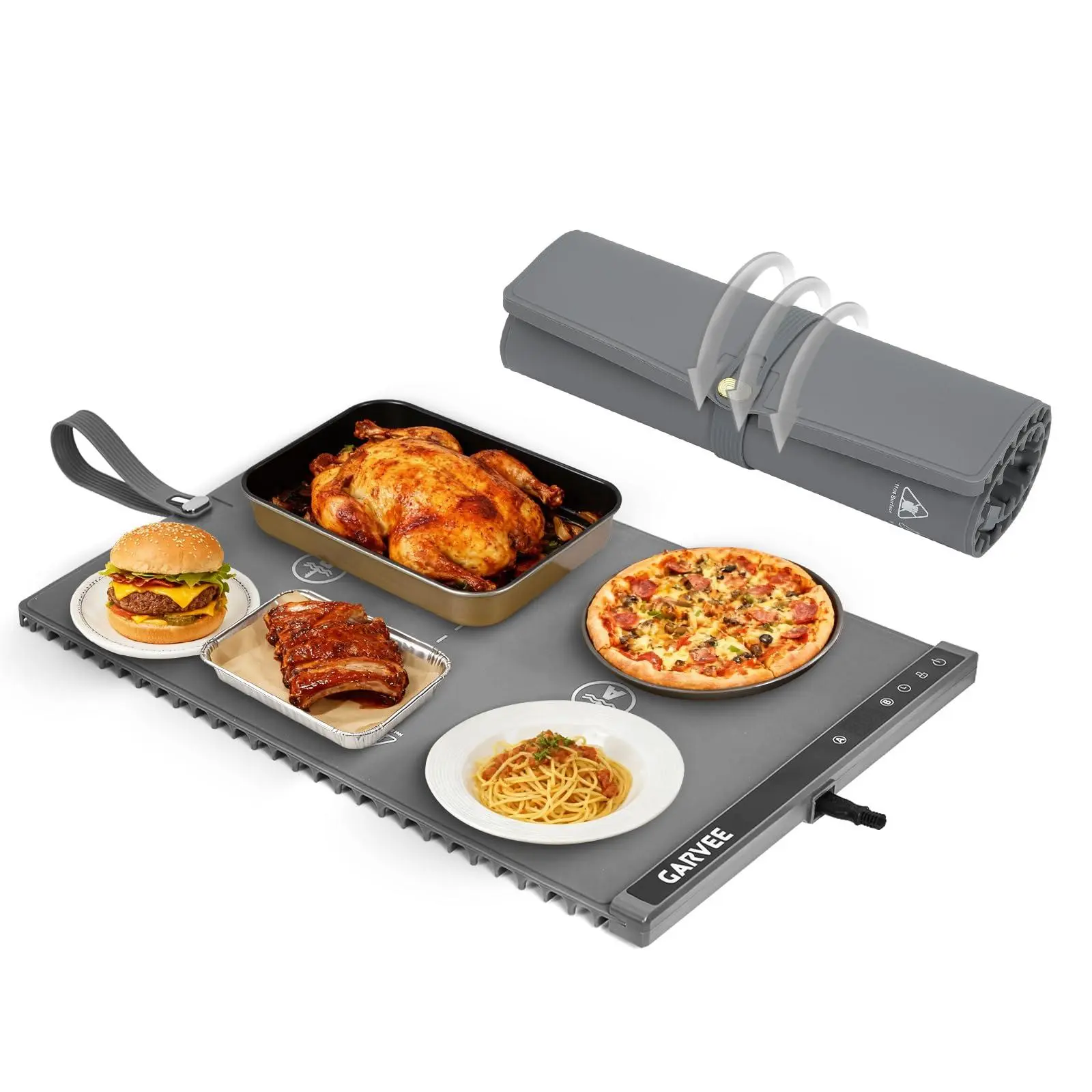 2-Zone Food Warming Mat 24"X15" - Rollable Full Surface Heating Mat with 6 Temperature Settings 3H Timer, Anti-Slip Heat Insulated Food Heating Pad for Meals (Grey)