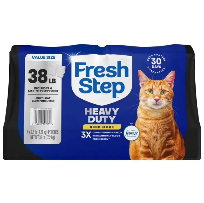 Fresh Step Heavy Duty Odor Block Multi-Cat Clumping Cat Litter, Febreze Freshness Scent, 38 lb, Easy Pour Pouches (4 Pack)