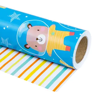 Reversible Blue Astronaut Bear Striped Gift Wrap Paper, Cute Cartoon Theme for Kids' Birthday Parties, DIY Craft Decor Paper, 43.2cm X 1000cm