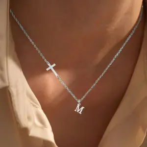 Cross Initial Pendant Stainless Steel Chain Necklace For Women