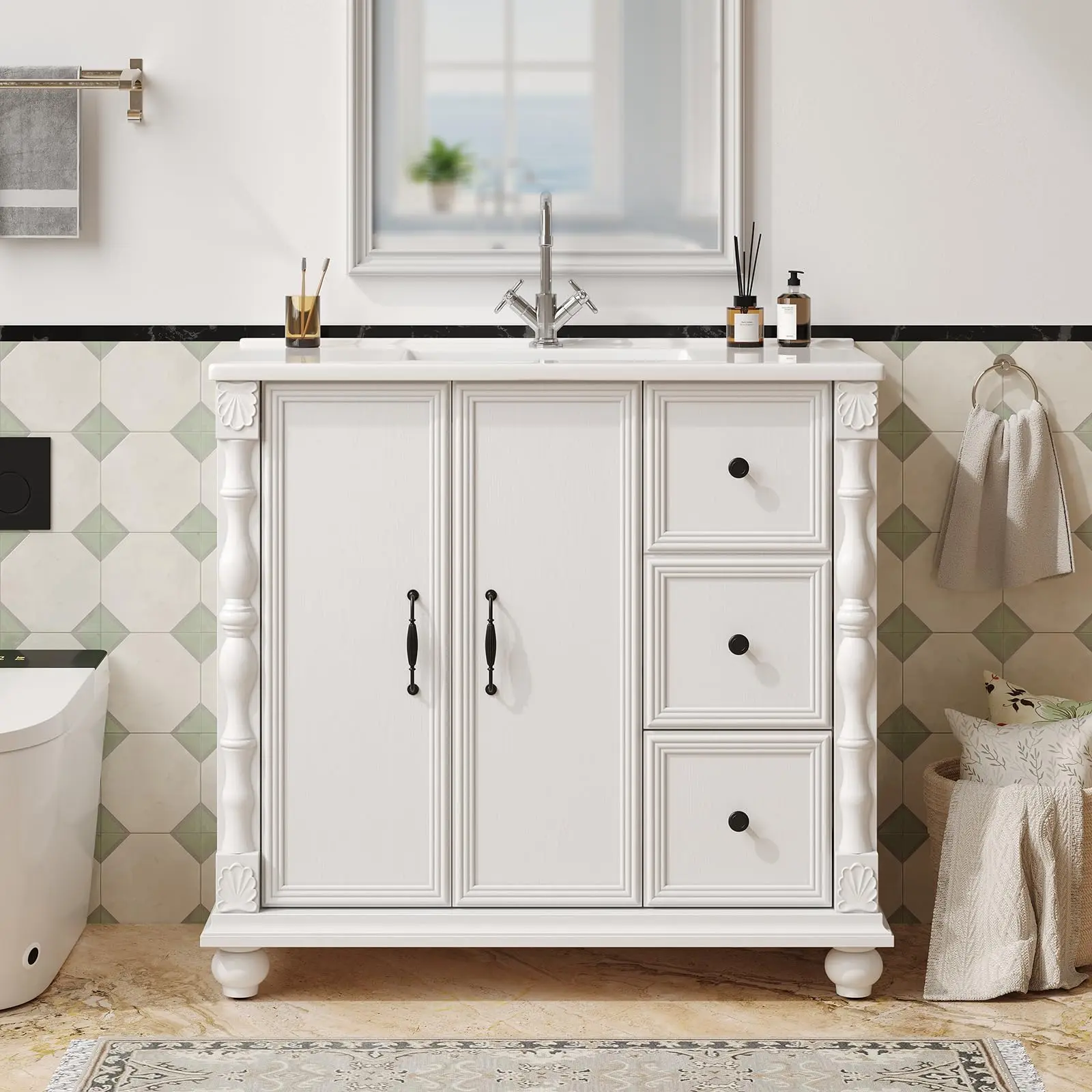 【SummerFinds】ONBRILL Modern Freestanding Bathroom Vanity with Sink Combo - Waterproof MDF Frame, Stripe Lines, Ceramic Integrated Sink, 2-Drawer Floor Cabinet, 2 Doors, Adjustable Shelf, 4 Solid Legs, Multi-Drawer Non-Drilling Floor Storage Unit, Drawers