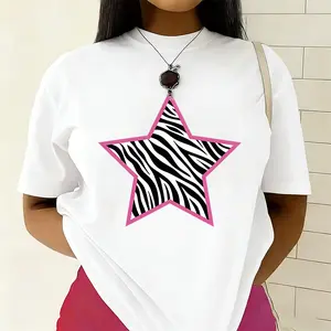 Zebra Print Star T-Shirt, Preppy Pink Trim Casual Tee, Y2K Aesthetic Top