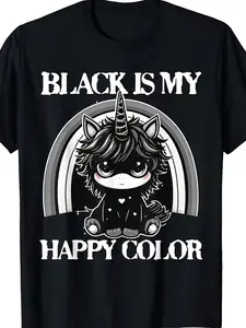 Men's & Women's Plus Size Goth Emo Unicorn T-Shirt - Black Is My Happy Color Gothic Girl Emo Style, Pure Cotton Short Sleeve Round Neck Casual Tee Suitable for Goth Subculture & Emo Fashion, PLUS SIZE