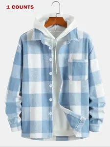 Men's Plaid Print Checked Button Front Collared Jacket Without Hood Loose Casual Drop Shoulder Long Sleeve Collar Outerwear Fall Winter Clothes Daily Wear Menswear 2026 Breathable Soft Warm Lightweight Trendy Home Outdoor Streetwear Hip Hop