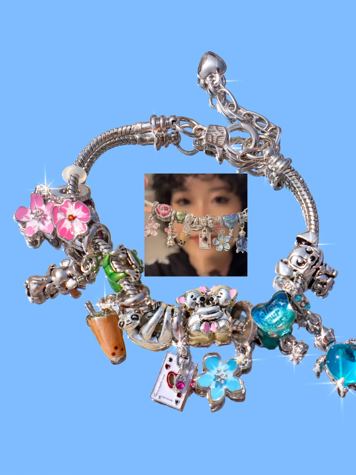 Cute Cherry Blossom Turtle Charm Bracelet, Fun Milk Tea Bear Bracelet, Vintage Heart Hot Air Balloon Bracelet, Blue Cherry Blossom Bracelet, Charm Bracelet With Charms, Floral Charm Bracelets, Fashion Bracelet