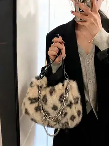 Women's Leopard Print Faux Fur Shoulder Handbag with Metal Chain Decor Edgy Style Casual Outings Fashion Enthusiasts Niche Gift Fluffy Handbag