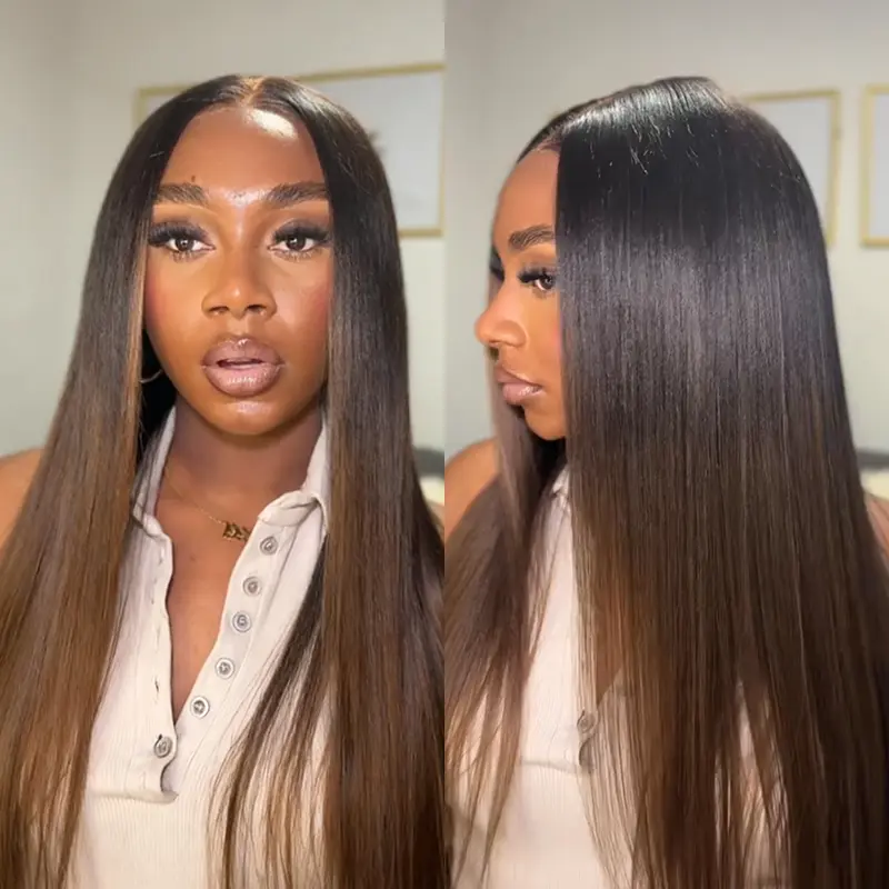 Nadula Black To Chestnut Brown Ombre Yaki Straight 7x5 Lace Wig With Drawstring Human Hair Natural Density Invisible Knots Glueless Put On And Go Beginner Friendly 18''-26'' Fit SoHoChic TikTokShopBackToSchool