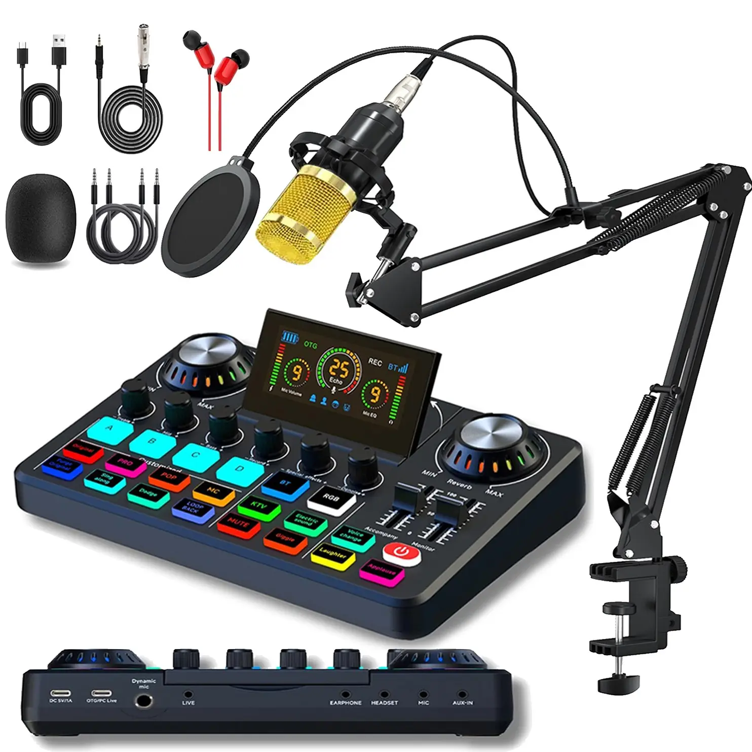 Podcast BM-800 microphone kit, condenser microphone with live sound card and OTG mixer, professional recording studio kit with multi DSP effects for singing, gaming, YouTube live streaming, TikTok on PC/smartphone, Recording Studio Equipment