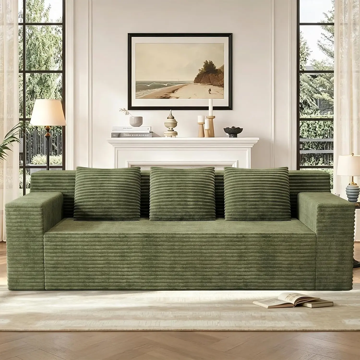 71" 3-Seater Loveseat Sofa Boneless Couch, Oversized Modern Comfy Floor Compressed Loveseat Sofa with 3 Pillows, Corduroy Memory Foam No Assembly RV Sofa Couch for Living Room, Office, Green