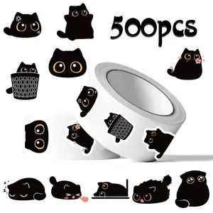 500 Stickers/Rolls of Little Black Cat Stickers Series - Sticker Packs, Sealing Stickers for Cups, Laptops, Suitcases, DIY Notebook Decorations, Birthday Gifts