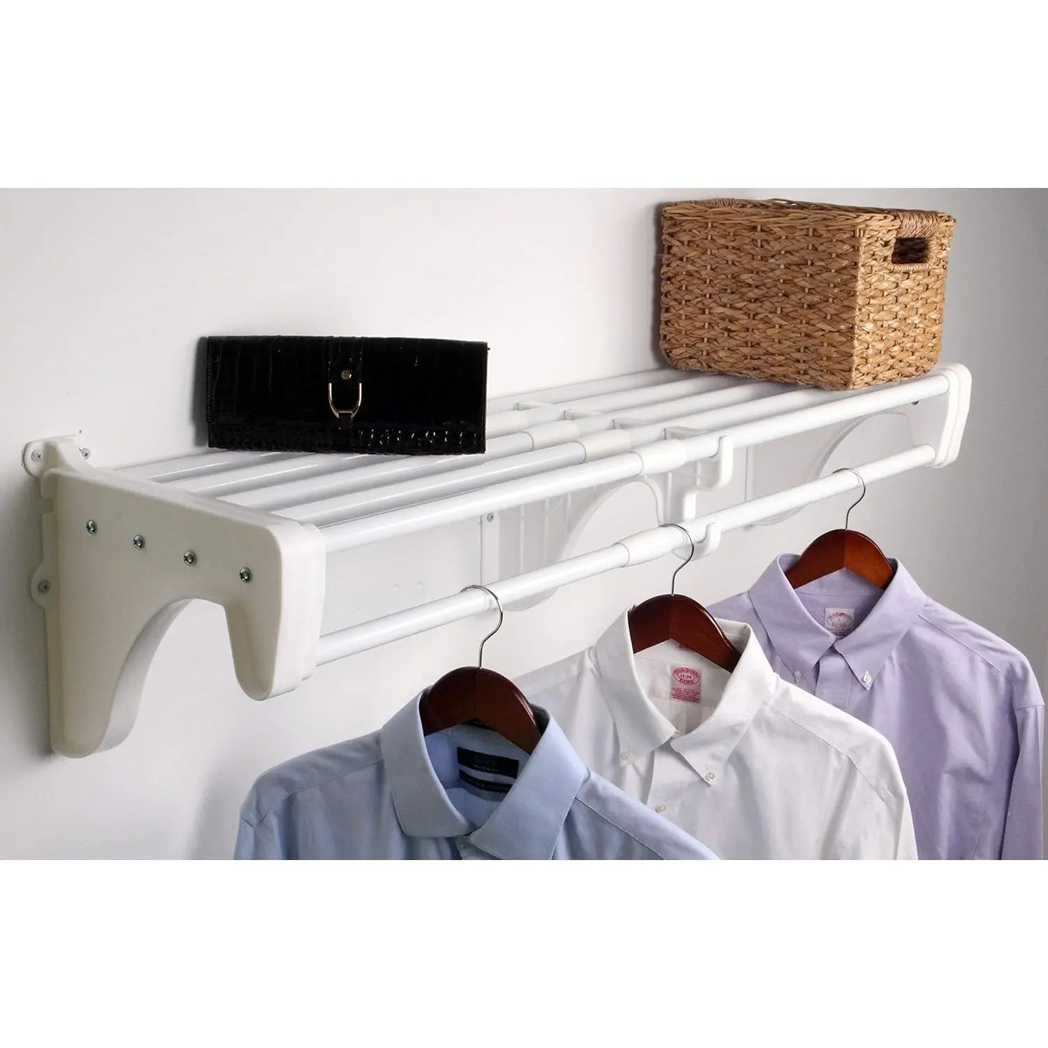 - Closet Shelf with Hanging Rod – 19.5” to 29" Expandable, White, Closet Shelves – Strong, Holds 200 lbs – Easy Install – Backwall (floating) with 2 End Brackets, Alternative to Wire Shelving
