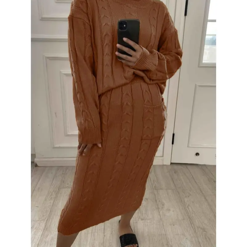 Plus Size Casual Sweater Outfits Set, Women's Plus Solid Cable Jacquard Lorn Sleeve Round Neck Sweater & Skirt Outfits 2 Piece Set Clothing Fabric Womenswear Polyester Collar Suits Comfort Long Sleeve Basic Fitted Can be used with a raincoat Plus Size Casual Sweater Outfits Set, Women's Plus Solid Cable Jacquard Lorn Sleeve Round Neck Sweater & Skirt Outfits 2 Piece Set Clothing Fabric Womenswear Polyester Collar Suits Comfort Long Sleeve Basic Fitted Can be used with a raincoat