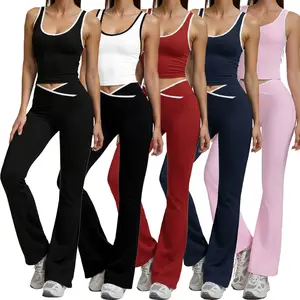 Women's Workout Yoga Set Flare Crossover V-Cut Leggings & Tank Tops in Black Elegant Sportswear Tracksuit for Gym & Yoga Activities Versatile Comfortable