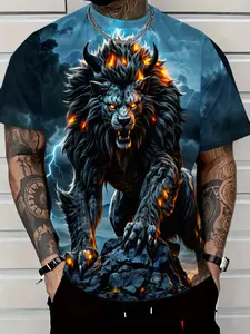 Lion Pattern Men's Casual Fitted Round Neck Short T-Shirt for Outdoor and Commuting, Comfortable for All Seasons, Stylish Streetwear Everyday Wear