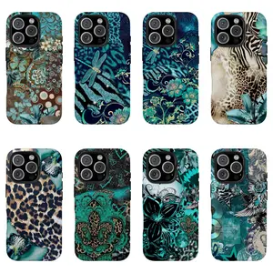 Vintage Teal Leopard Print Aesthetic Smartphone Case - Boho Patchwork Tough Cellphone Shell, Rubber Phone Accessory with Leopard, Zebra, Butterfly Collage Art, Compatible with iPhone 11-17 Pro Max/Plus, Samsung Galaxy S23-25