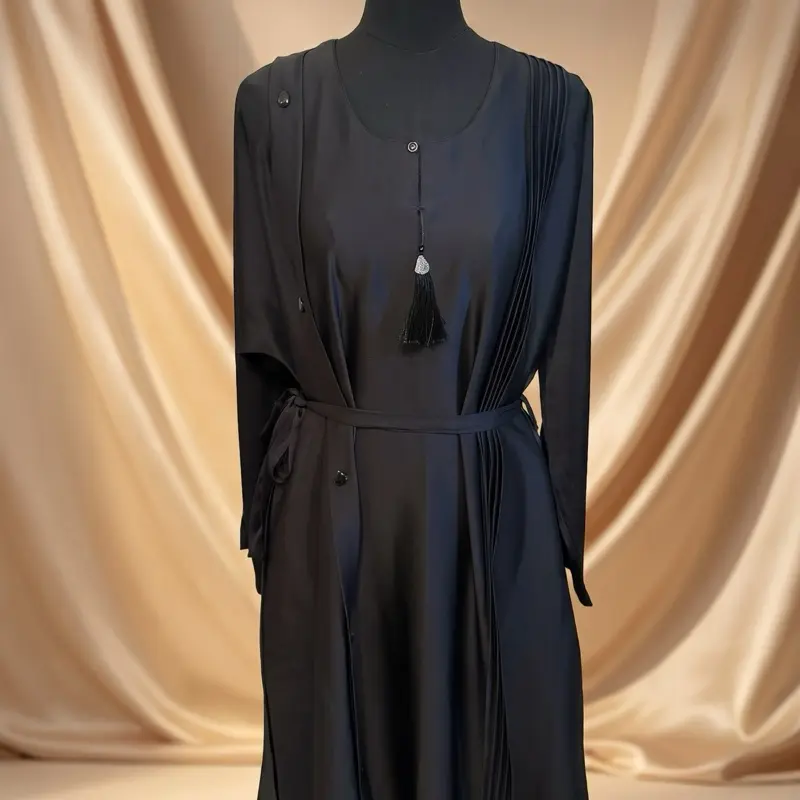 Black Pleated silk Abaya with Tassel Detail with belt one size
