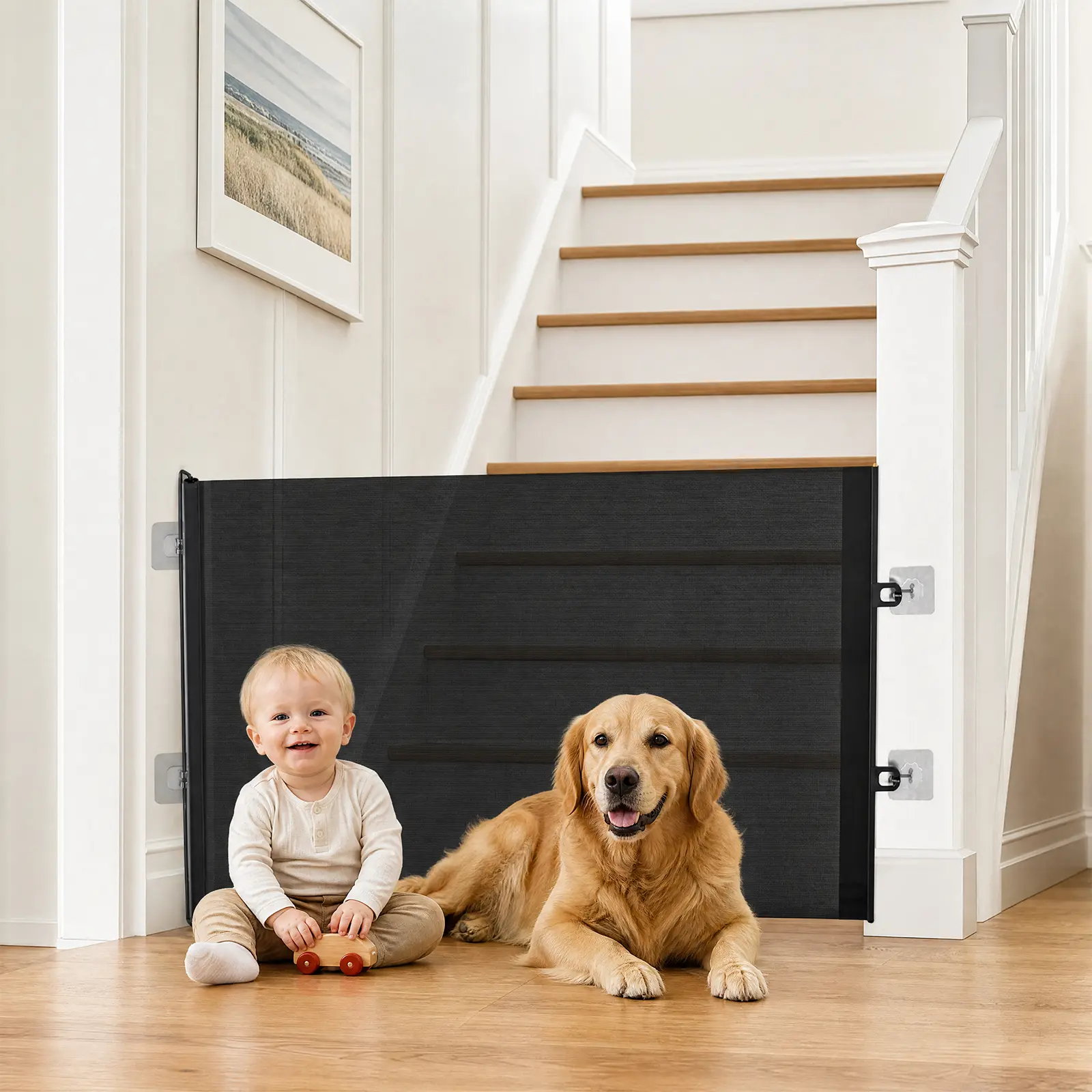 Retractable Baby Gate for Stairs and Doorways, 34" Tall x 55" Wide Mesh Safety Gate, Retractable Dog Gate for Babies and Pets, One-Hand Operation, Indoor Outdoor Use, Black