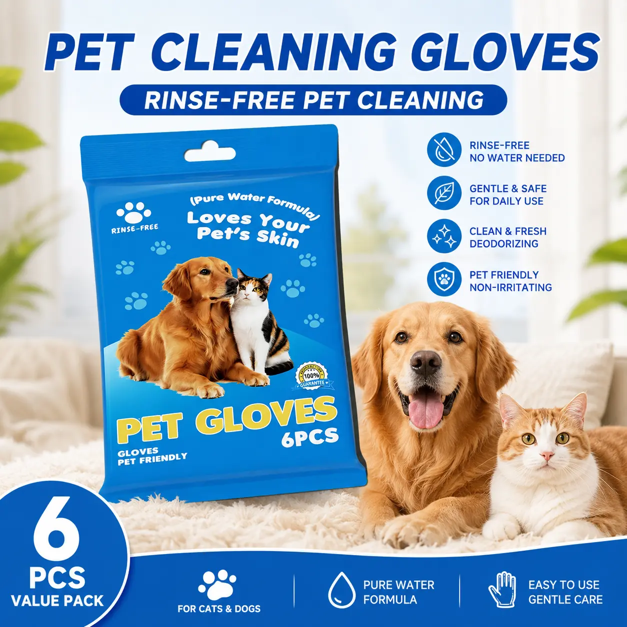 6PCS Pet Cleaning Gloves, Rinse-Free Waterless Pet Wipes Gloves for Dogs & Cats, Disposable Grooming Mitts for Paws, Body & Fur, Easy Pet Cleaning for Home, Travel & After Walks
