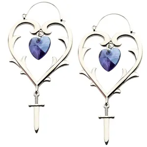 Purple CZ Heart Dagger Stainless Steel Plug Hoops