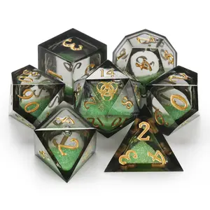 Liquid Core Resin DND Dice Set, Green Flow RPG Dice, Gold Font Polyhedral Dice for Tabletop Gaming, D&D Accessories, Dungeon Master Gift, Fantasy Game Night Dice