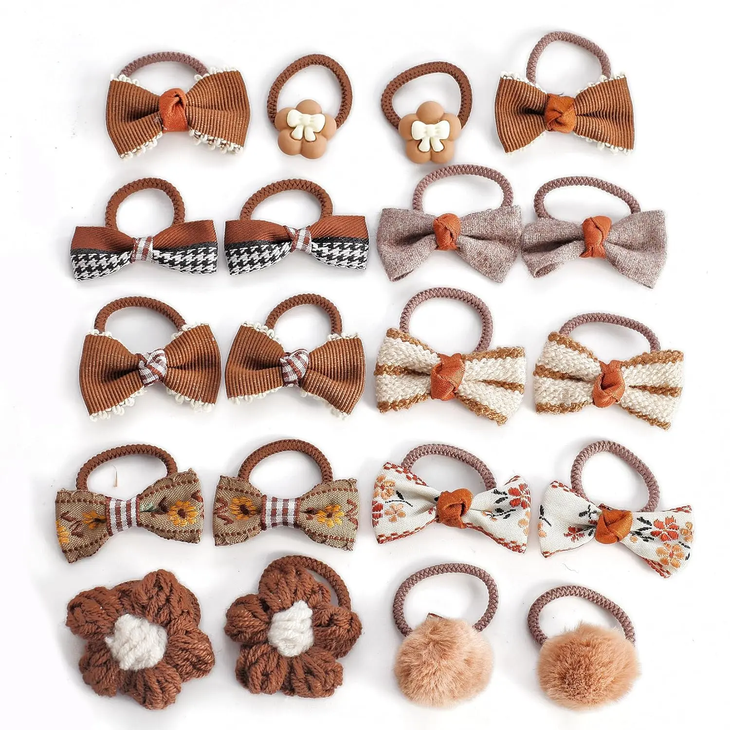 Hair Ties Set for Little Girls,PomPoms,Flower Scrunchies,20 Pcs,Brown Baby Girl Hair Bands Elastics,Natural Color,Soft Stretchy,for Infants & Kids,Gentle on Fine Hair, Gift