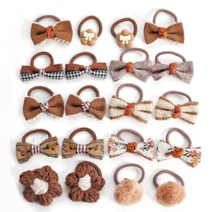 Hair Ties Set for Little Girls,PomPoms,Flower Scrunchies,20 Pcs,Brown Baby Girl Hair Bands Elastics,Natural Color,Soft Stretchy,for Infants & Kids,Gentle on Fine Hair, Gift