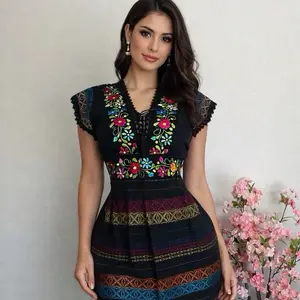 Oaxaca Unitalla S-L Women's Casual Dress with Embroidered Floral Design, Short Sleeves, and V-Neck. Embroidery will vary slightly.