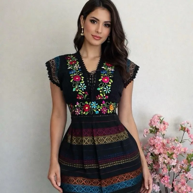 Oaxaca Unitalla S-L Women's Casual Dress with Embroidered Floral Design, Short Sleeves, and V-Neck. Embroidery will vary slightly. - TikTok Shop Oaxaca Unitalla S-L Women's Casual Dress with Embroidered Floral Design, Short Sleeves, and V-Neck. Embroidery will vary slightly. - TikTok Shop
